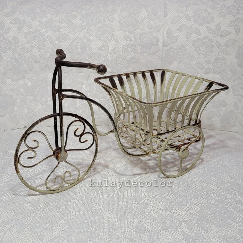 Vintage Style Metal Tricycle Planter Basket Scroll Design Decorative Display